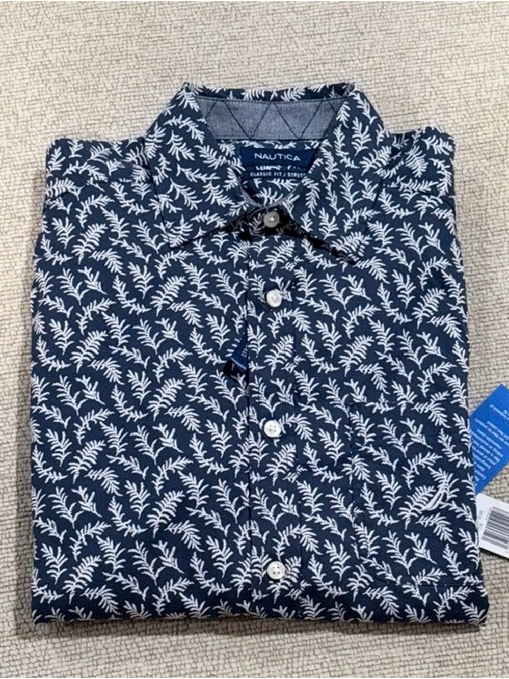 Nautica Navy Blue Button-Down Shirt with White Leaf Print